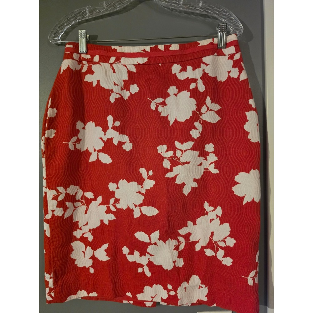 Talbots Red White Floral Jacquard Pencil Skirt Size 12 Textured Straight Skirt